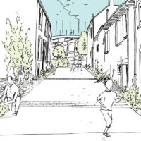 Esquisse représentant les futurs aménagements avec un large trottoir au centre de la rue, de la végétation au pied des maisons et des personnes jouant ou marchant à l'intérieur de la rue